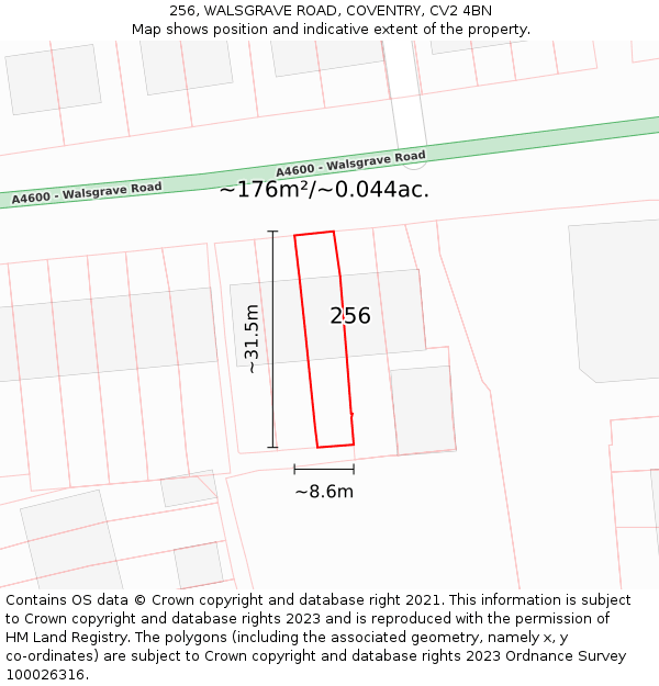 256, WALSGRAVE ROAD, COVENTRY, CV2 4BN: Plot and title map