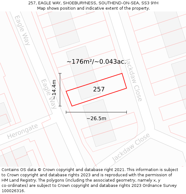 257, EAGLE WAY, SHOEBURYNESS, SOUTHEND-ON-SEA, SS3 9YH: Plot and title map