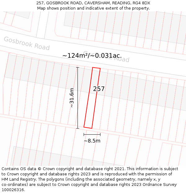 257, GOSBROOK ROAD, CAVERSHAM, READING, RG4 8DX: Plot and title map