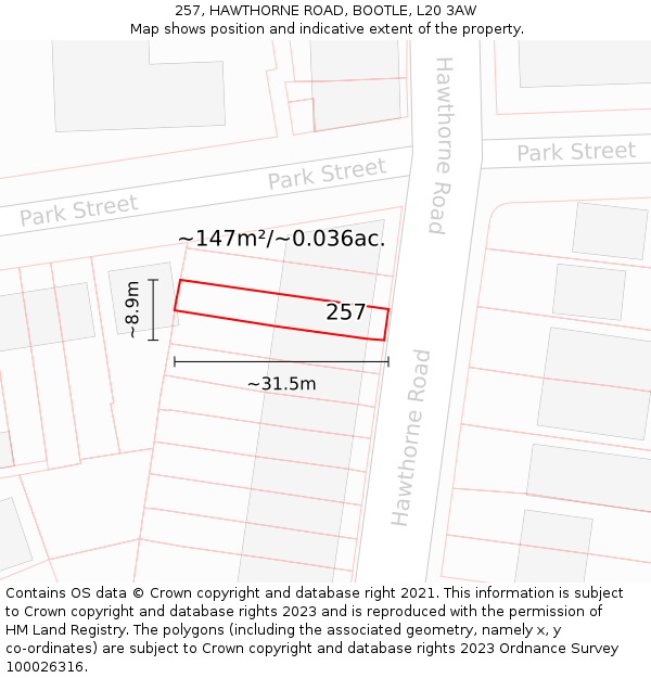 257, HAWTHORNE ROAD, BOOTLE, L20 3AW: Plot and title map