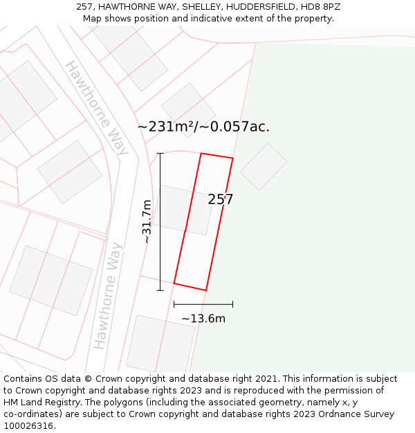 257, HAWTHORNE WAY, SHELLEY, HUDDERSFIELD, HD8 8PZ: Plot and title map