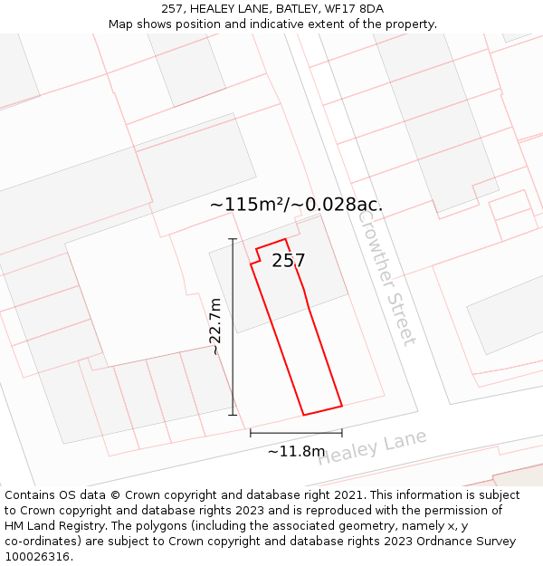 257, HEALEY LANE, BATLEY, WF17 8DA: Plot and title map
