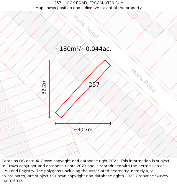257, HOOK ROAD, EPSOM, KT19 8UA: Plot and title map