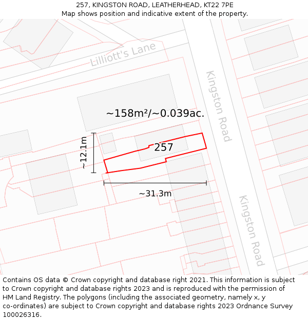 257, KINGSTON ROAD, LEATHERHEAD, KT22 7PE: Plot and title map