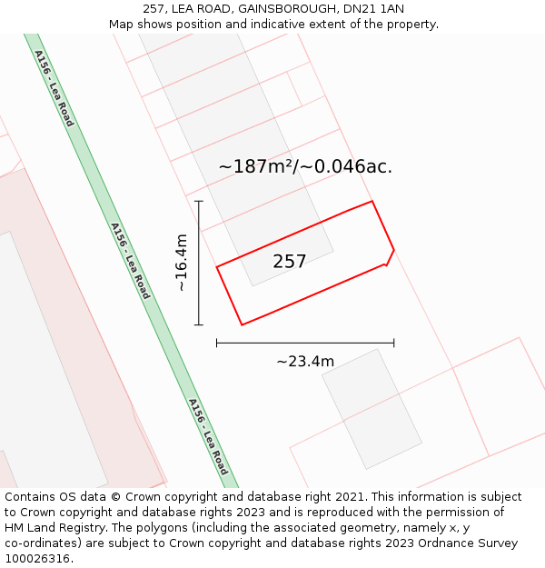 257, LEA ROAD, GAINSBOROUGH, DN21 1AN: Plot and title map