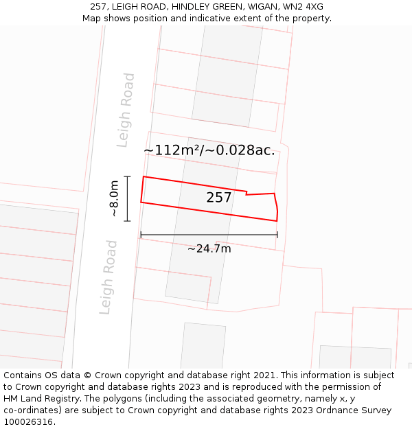 257, LEIGH ROAD, HINDLEY GREEN, WIGAN, WN2 4XG: Plot and title map