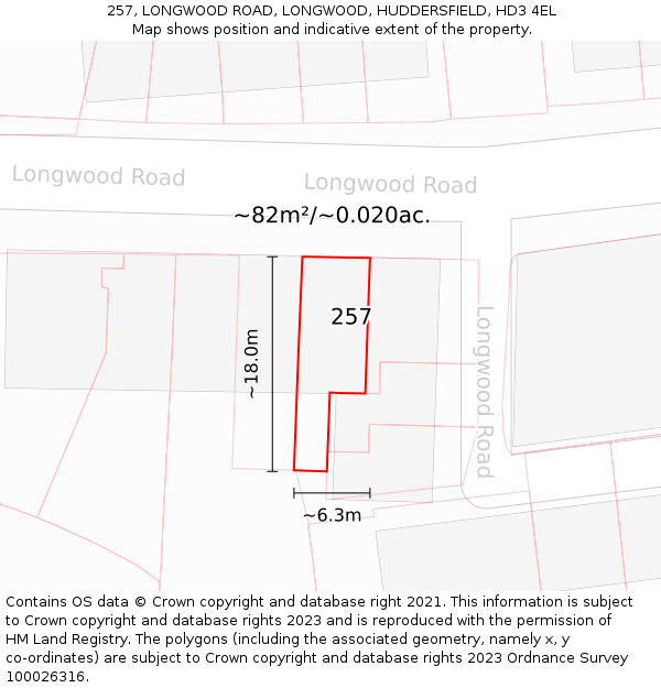 257, LONGWOOD ROAD, LONGWOOD, HUDDERSFIELD, HD3 4EL: Plot and title map