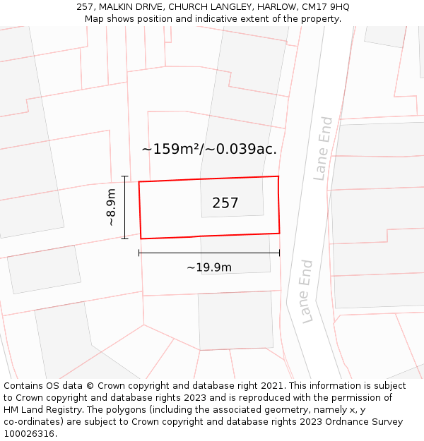 257, MALKIN DRIVE, CHURCH LANGLEY, HARLOW, CM17 9HQ: Plot and title map