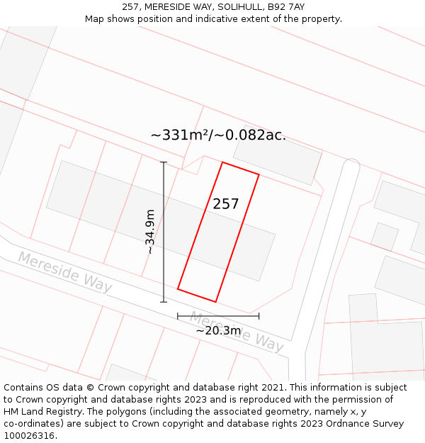 257, MERESIDE WAY, SOLIHULL, B92 7AY: Plot and title map