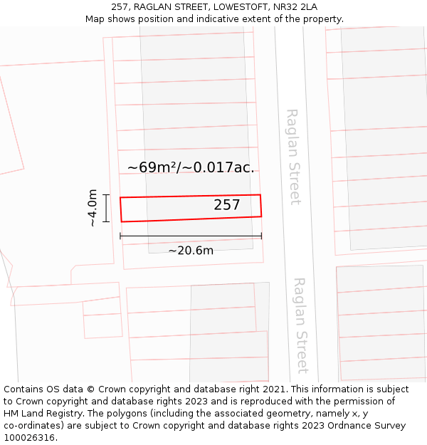 257, RAGLAN STREET, LOWESTOFT, NR32 2LA: Plot and title map