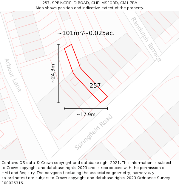 257, SPRINGFIELD ROAD, CHELMSFORD, CM1 7RA: Plot and title map