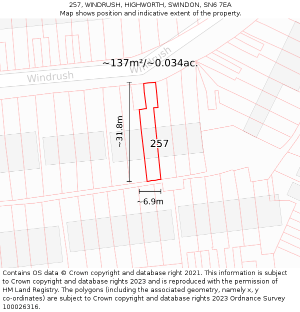 257, WINDRUSH, HIGHWORTH, SWINDON, SN6 7EA: Plot and title map