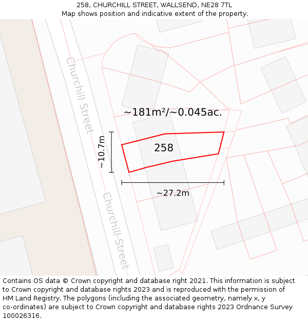 258, CHURCHILL STREET, WALLSEND, NE28 7TL: Plot and title map