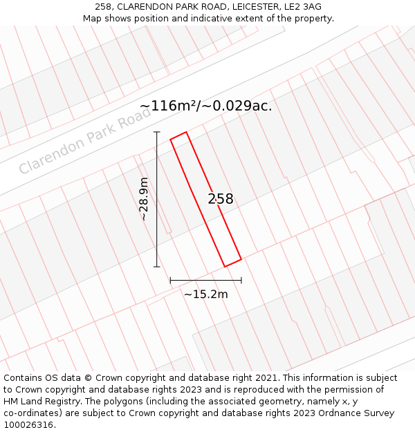258, CLARENDON PARK ROAD, LEICESTER, LE2 3AG: Plot and title map