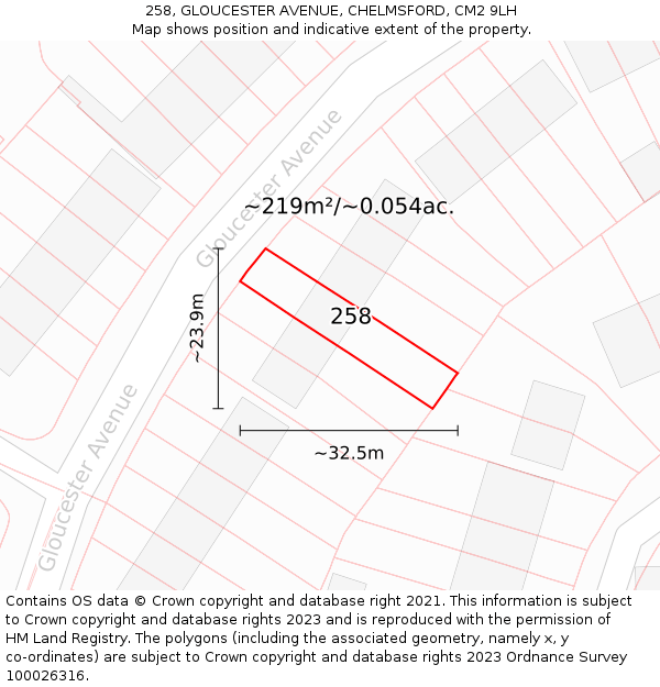 258, GLOUCESTER AVENUE, CHELMSFORD, CM2 9LH: Plot and title map