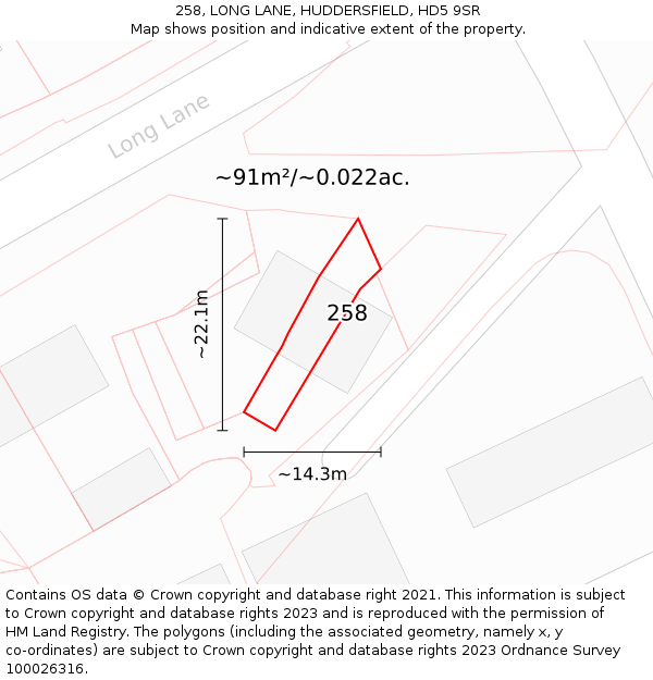 258, LONG LANE, HUDDERSFIELD, HD5 9SR: Plot and title map