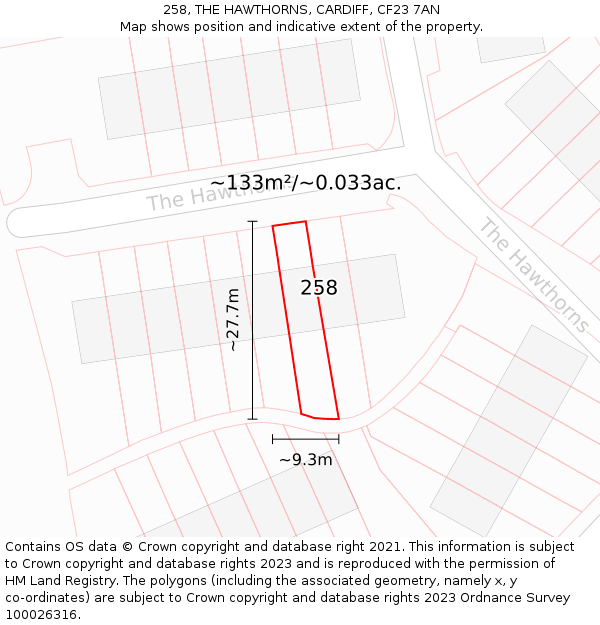 258, THE HAWTHORNS, CARDIFF, CF23 7AN: Plot and title map