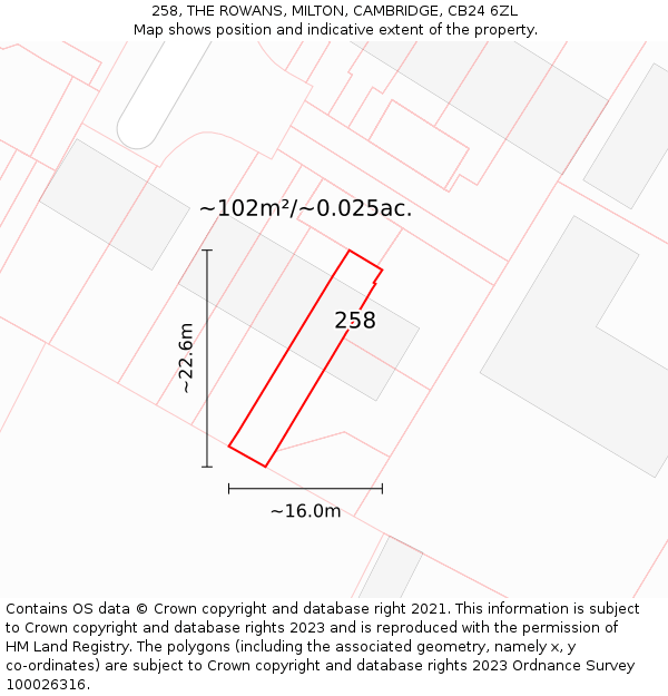258, THE ROWANS, MILTON, CAMBRIDGE, CB24 6ZL: Plot and title map