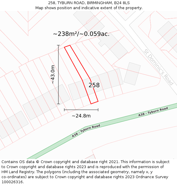 258, TYBURN ROAD, BIRMINGHAM, B24 8LS: Plot and title map