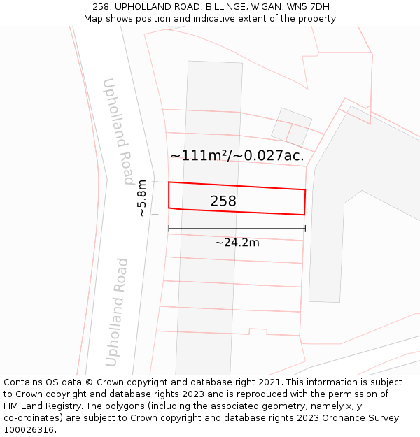 258, UPHOLLAND ROAD, BILLINGE, WIGAN, WN5 7DH: Plot and title map