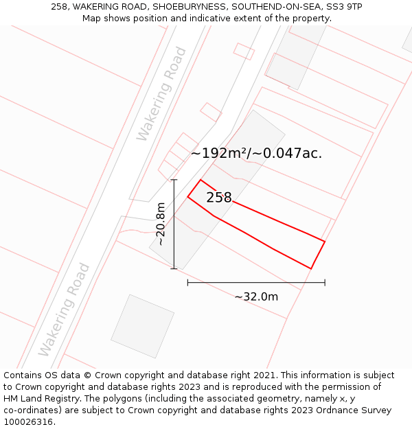 258, WAKERING ROAD, SHOEBURYNESS, SOUTHEND-ON-SEA, SS3 9TP: Plot and title map
