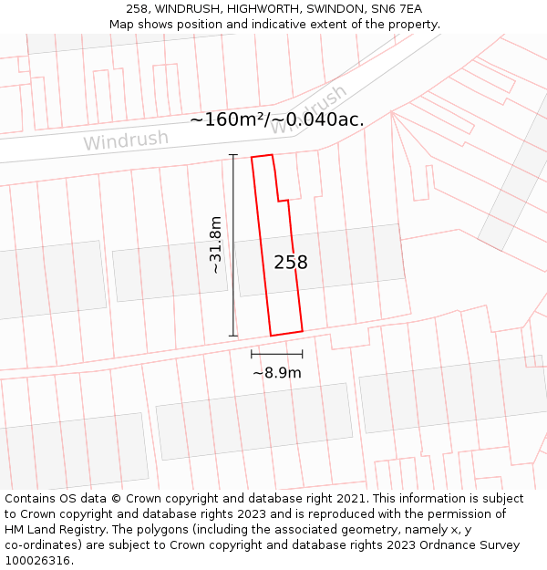 258, WINDRUSH, HIGHWORTH, SWINDON, SN6 7EA: Plot and title map