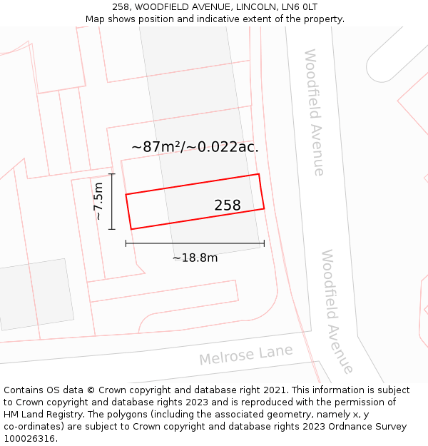 258, WOODFIELD AVENUE, LINCOLN, LN6 0LT: Plot and title map