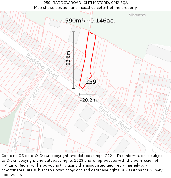259, BADDOW ROAD, CHELMSFORD, CM2 7QA: Plot and title map