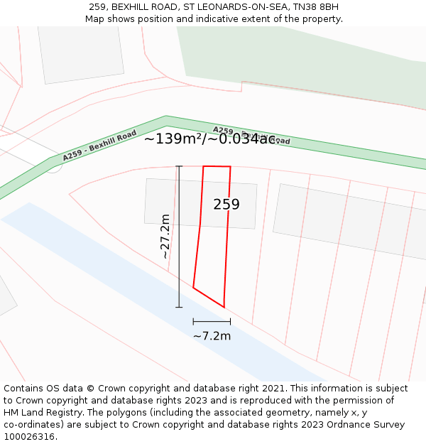 259, BEXHILL ROAD, ST LEONARDS-ON-SEA, TN38 8BH: Plot and title map