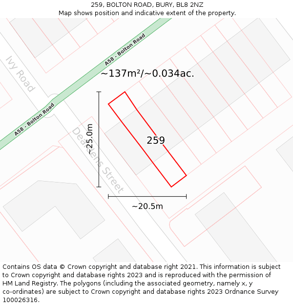 259, BOLTON ROAD, BURY, BL8 2NZ: Plot and title map