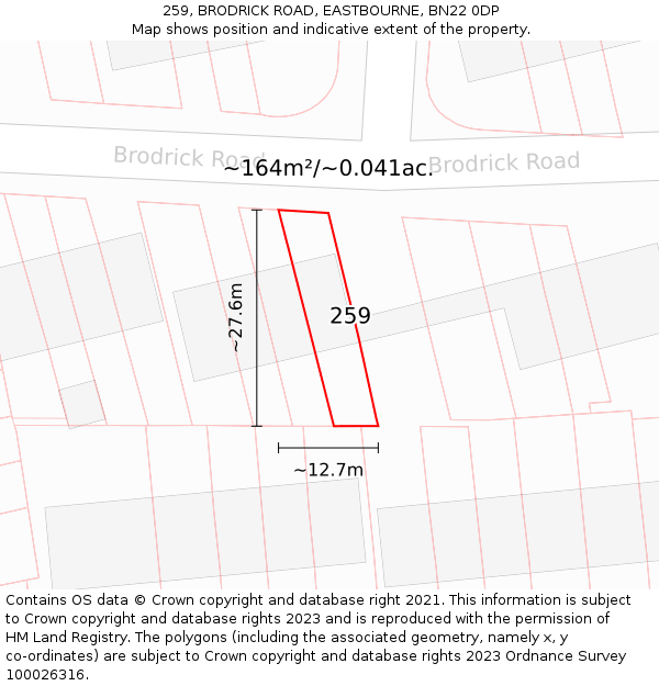 259, BRODRICK ROAD, EASTBOURNE, BN22 0DP: Plot and title map