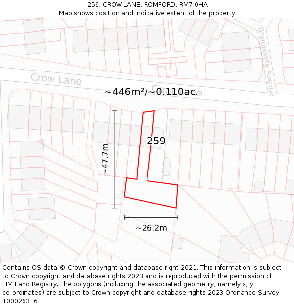 259, CROW LANE, ROMFORD, RM7 0HA: Plot and title map