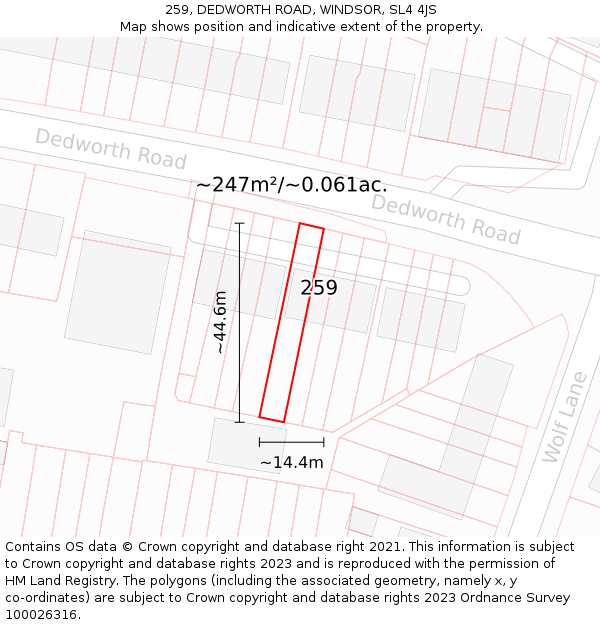 259, DEDWORTH ROAD, WINDSOR, SL4 4JS: Plot and title map