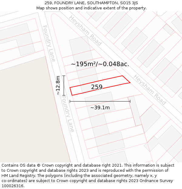 259, FOUNDRY LANE, SOUTHAMPTON, SO15 3JS: Plot and title map
