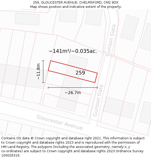 259, GLOUCESTER AVENUE, CHELMSFORD, CM2 9DX: Plot and title map