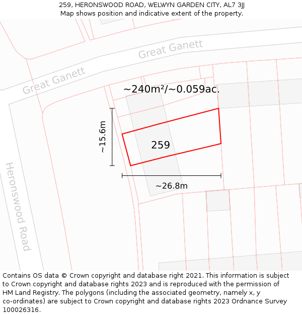 259, HERONSWOOD ROAD, WELWYN GARDEN CITY, AL7 3JJ: Plot and title map