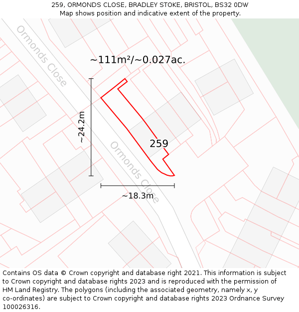 259, ORMONDS CLOSE, BRADLEY STOKE, BRISTOL, BS32 0DW: Plot and title map