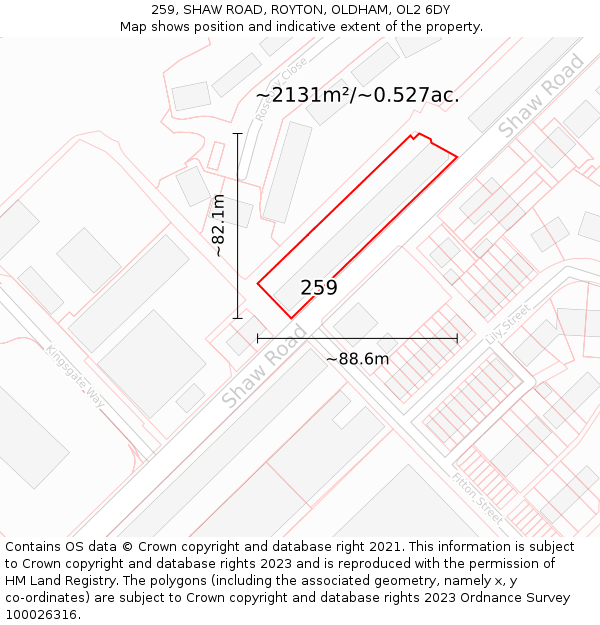 259, SHAW ROAD, ROYTON, OLDHAM, OL2 6DY: Plot and title map