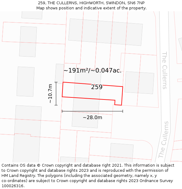 259, THE CULLERNS, HIGHWORTH, SWINDON, SN6 7NP: Plot and title map