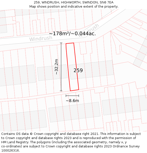 259, WINDRUSH, HIGHWORTH, SWINDON, SN6 7EA: Plot and title map