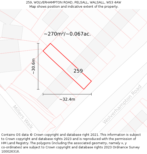 259, WOLVERHAMPTON ROAD, PELSALL, WALSALL, WS3 4AW: Plot and title map