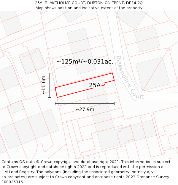 25A, BLAKEHOLME COURT, BURTON-ON-TRENT, DE14 2QJ: Plot and title map