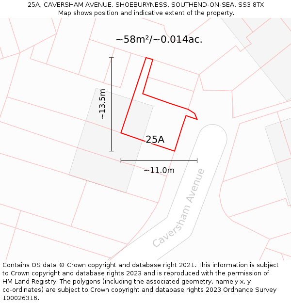 25A, CAVERSHAM AVENUE, SHOEBURYNESS, SOUTHEND-ON-SEA, SS3 8TX: Plot and title map