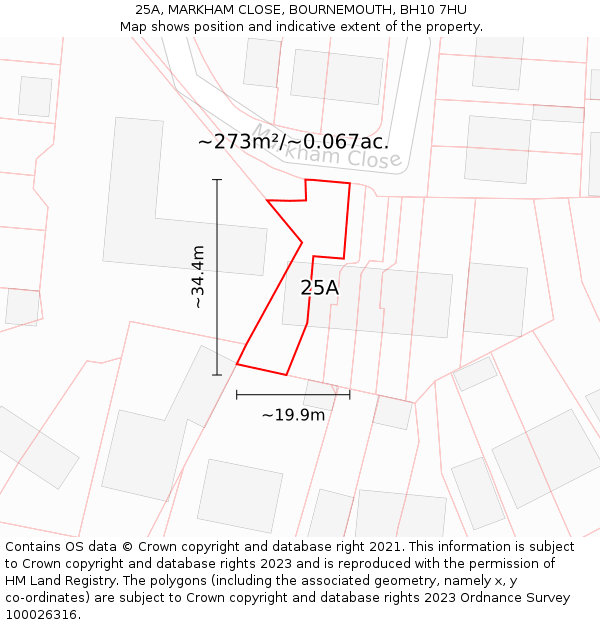 25A, MARKHAM CLOSE, BOURNEMOUTH, BH10 7HU: Plot and title map