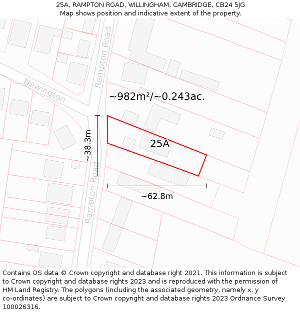 25A, RAMPTON ROAD, WILLINGHAM, CAMBRIDGE, CB24 5JG: Plot and title map