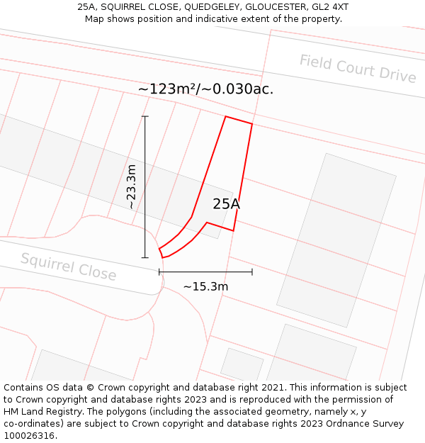 25A, SQUIRREL CLOSE, QUEDGELEY, GLOUCESTER, GL2 4XT: Plot and title map