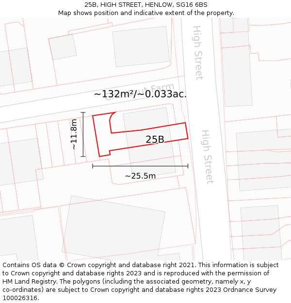 25B, HIGH STREET, HENLOW, SG16 6BS: Plot and title map