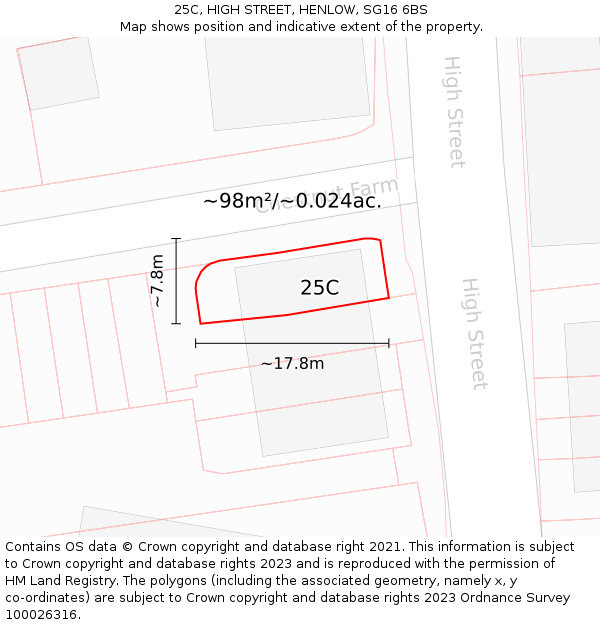25C, HIGH STREET, HENLOW, SG16 6BS: Plot and title map