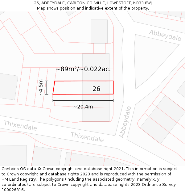 26, ABBEYDALE, CARLTON COLVILLE, LOWESTOFT, NR33 8WJ: Plot and title map