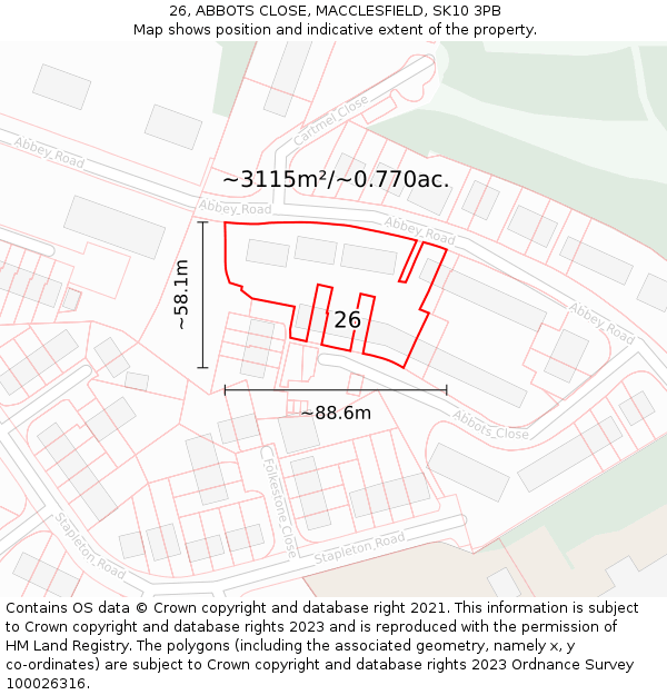 26, ABBOTS CLOSE, MACCLESFIELD, SK10 3PB: Plot and title map